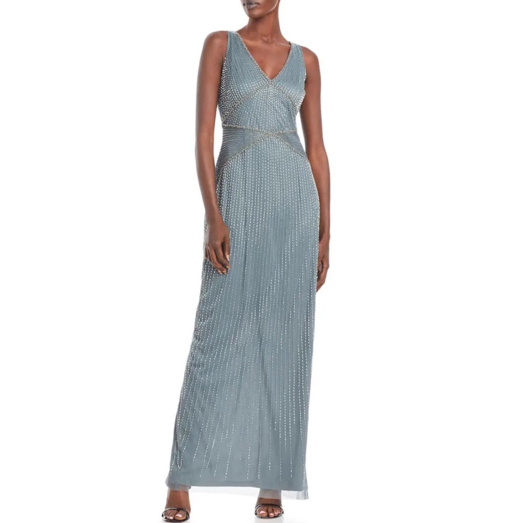 Adrianna Papell Beaded V Neck Back Slit Green Blue Art Deco Column Gown Dress